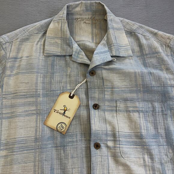 Caribbean Pure Silk Button Up Shirt Mens Medium Casual Plaid Vacation Hawaiian - Picture 2 of 8